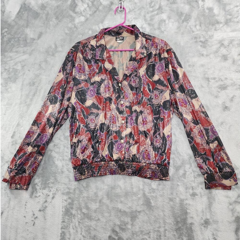 Vintage Lori of California Top Womens L Multicolor Metallic Printed Long Sleeves